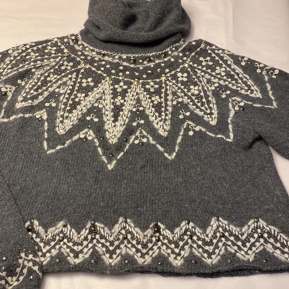 Free People Charcoal Turtleneck Sweater with Ivory Design - Picture 6 of 16